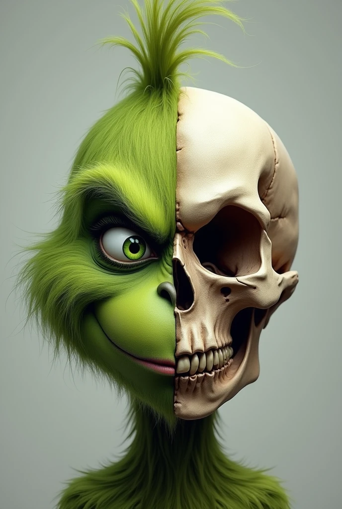 Grinch head. Half normal and half skull, looking ahead, full size head