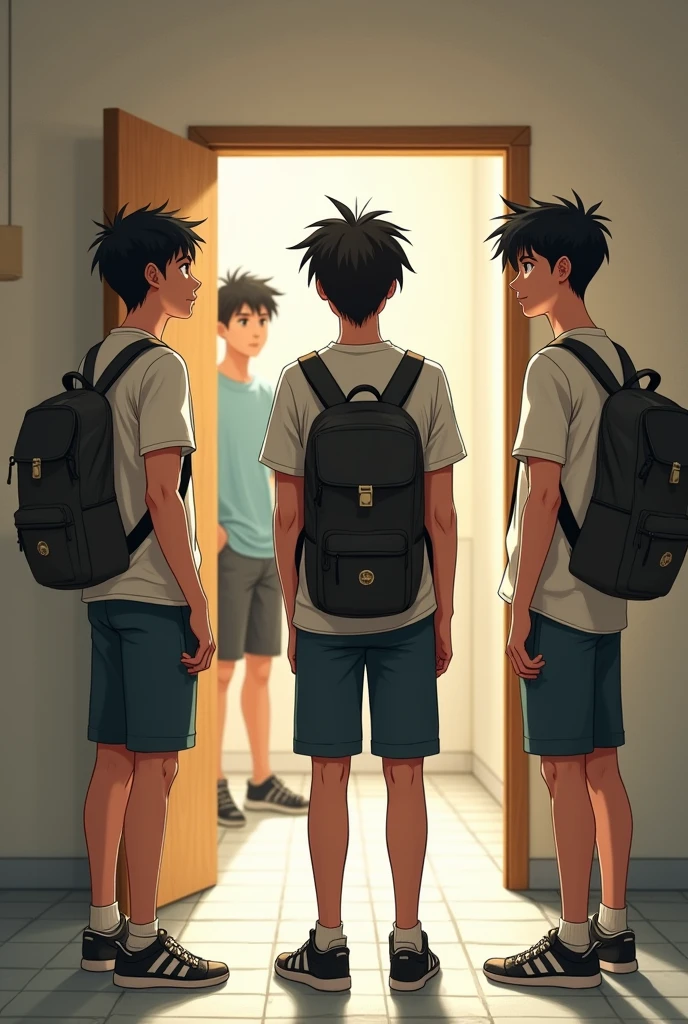 Three guys (male) who just waiting infront of the bathroom door in dormitory. And theres one person (male) just exit from the front door of bathroom door, all the person inside this images using short pants and t-shirt