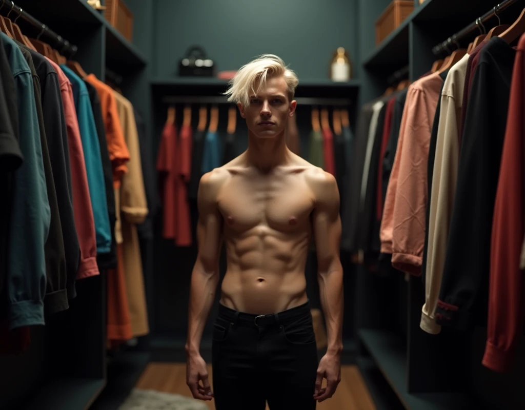 181 cm tall, 22-year-old shirtless male model, thin lean figure, short platinum blond hair messy layered hair, side swept bangs, Germanic-Icelandic features, black pants, intense look, standing in large chic dark walk-in closet lined with colorful woman's clothes, photorealistic, cinematic