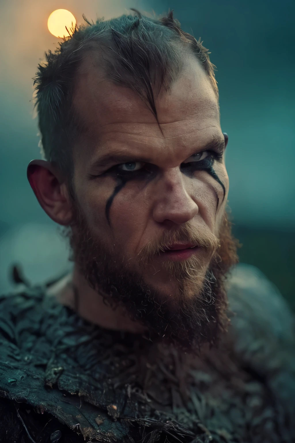 Hyper-realistic:1.4, half Body .cinematic artwork portrait of Floki from the Vikings series, detailed face:1.4, captured in a dynamic pose with the sensation of movement, as if he's emerging from shadows in a dense, misty forest. His intense gaze and intricate facial tattoos are emphasized, reflecting his eccentric and mystical nature. The scene is bathed in a cold, harsh light that contrasts with the dark, ominous surroundings, capturing the grim atmosphere of the Viking era. The image should convey a sense of depth, with a strong focus on three-dimensionality, highlighting Floki's enigmatic and chaotic personality, set against the backdrop of the Norse world. (((Cinematic Full moon background))).