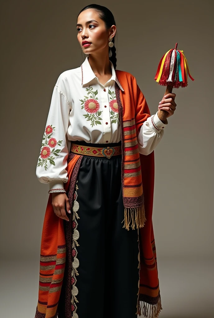 thin person, with a Parachico suit that has a white shirt and black pants with floral embroidery and a woven waist belt to hold it; with a striped sarape over his shirt and his rattle with ribbons,