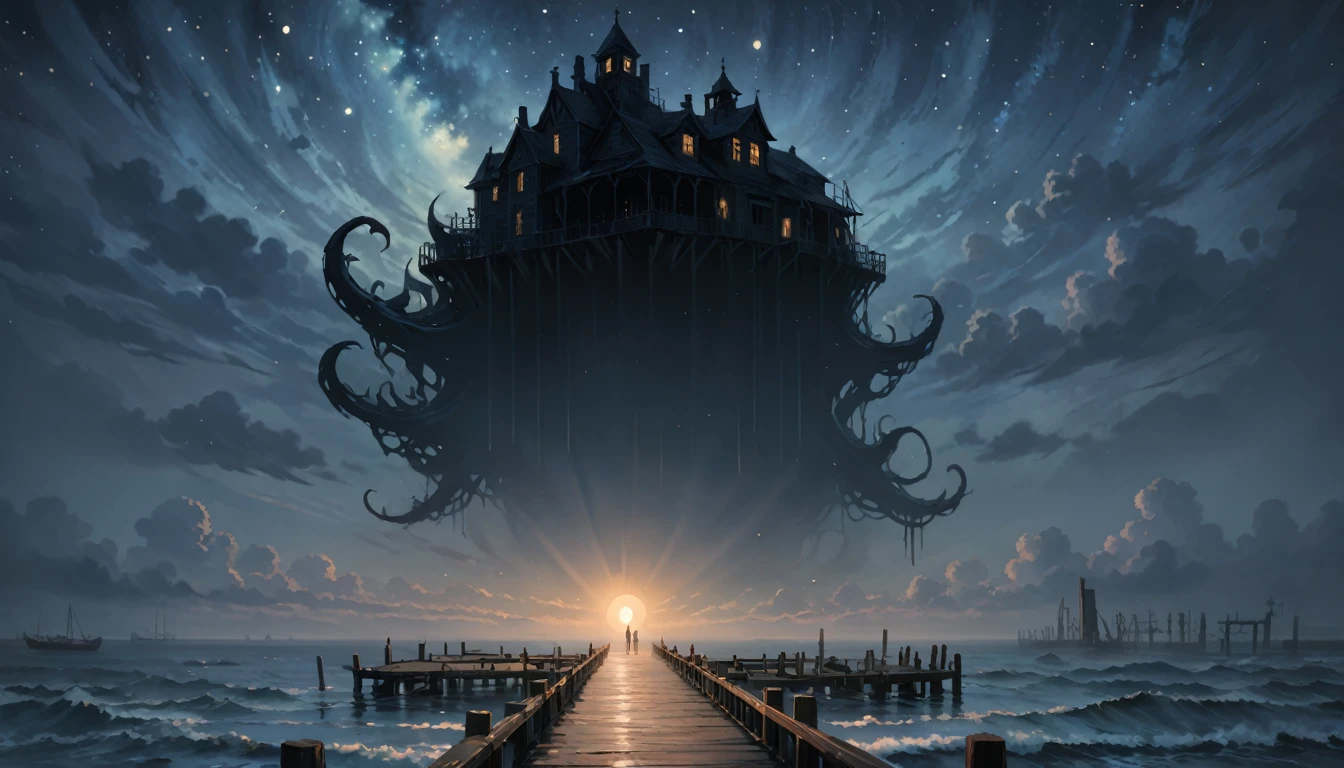 a painting, the pier creaks and groans beneath the weight of the setting sun, its wooden planks worn smooth by the relentless tide. a 35 year old ghost stands at the railing, its ethereal form undulating like the mist that shrouds the water's edge. the air is heavy with an otherworldly presence, the atmosphere thick with malevolent energy. the ghost's face is deathly pale, its eyes sunken and dark as two voids in a moonless night. a tattered black coat hangs from its bony shoulders, the fabric whispering softly as it moves to the rhythm of some unseen breeze. a faint glow emanates from its translucent skin, casting an eerie light across the deserted pier. in the distance, the silhouettes of abandoned boats seem to loom like skeletal fingers, while the sound of distant foghorns moans mournfully on the wind. the ghost's gaze is fixed upon some unseen horror lurking beneath the waves, its presence seeming to draw the very life from the air itself. as the sun dips lower in the sky, the pier becomes bathed in an eerie twilight, and the ghost's form seems to grow more substantial, as if it might at any moment step forth into the world of the living., naive art, van gogh art style, stary night painting, starry night, van gogh style, vincent van gogh style, starry night!!!!!!!!!!!!!!!!!!!!, van gogh painting, inspired by vincent van gogh, the starry night, inspired by van gogh