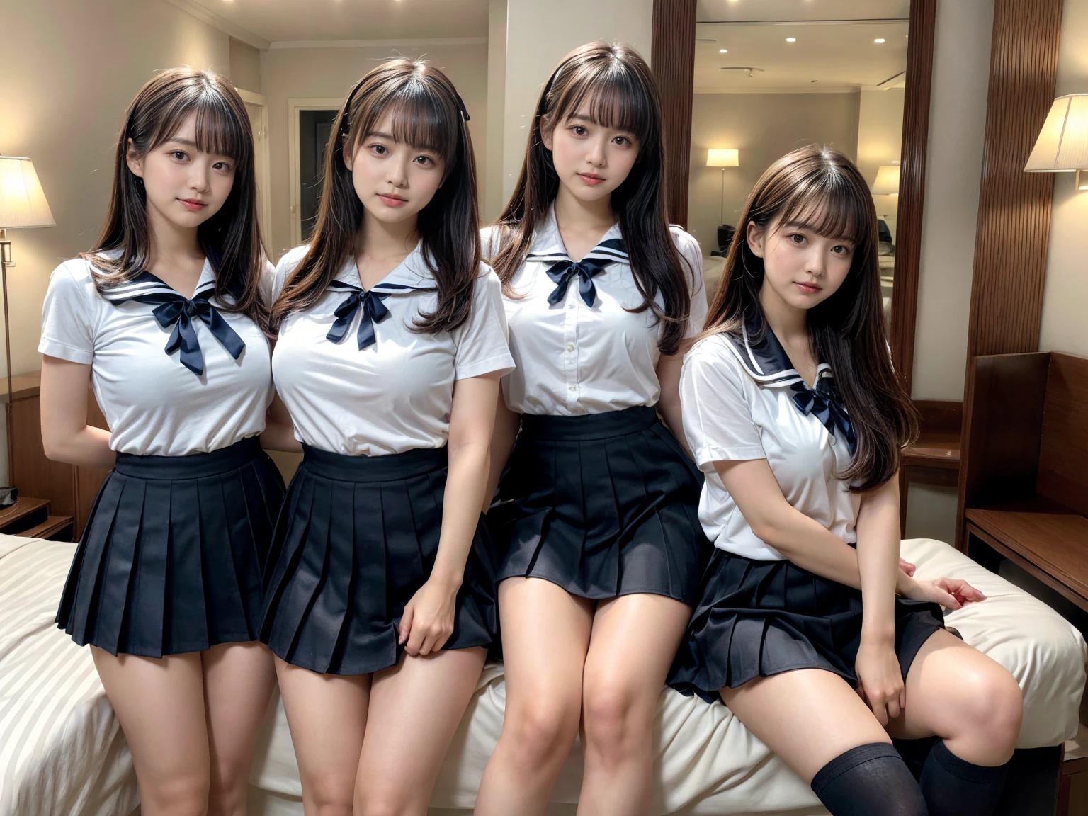 masterpiece, best quality, illustration, Super detailed, fine details, High resolution, 8K,wall paper, perfect dynamic composition,(Details High quality, realistic depiction of eyes:1.3), (3 girls), Black Sailor Uniform, serafuku, Navy pleated skirt, sitting, ?????????, short bob hair, in a hotel room in the background, deep on field, ?????????????, black hair color, Big Natural Color Lip, (perfect body shape), crying a little、Harajuku style、20 year old girl、cute type、beautiful legs, Gravure Idol
