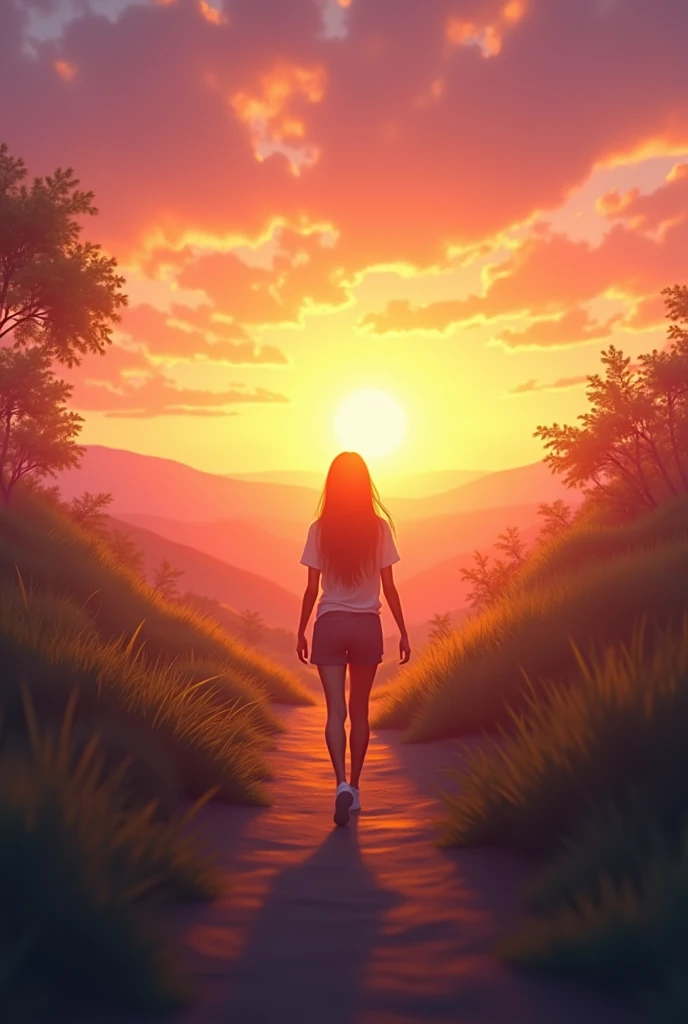 a person walking in the sunset from behind animated