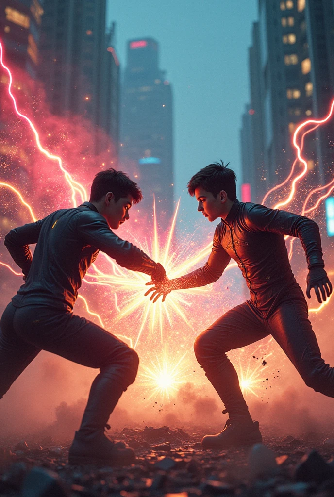 "A dramatic, high-stakes battle between two age brothers in suits in a futuristic environment. Energy blasts or supernatural powers collide between them, illuminating the dark surroundings. The neon-lit city skyline is visible in the background, highlighting the epic scale of their confrontation. The atmosphere is intense, with sparks and debris flying as they clash."