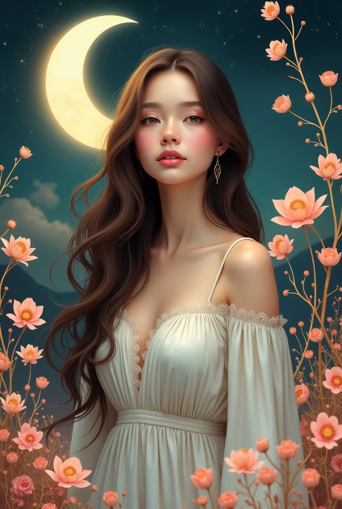 (masterpiece),(best quality), illustration, (fantasy:1.4), brown long hair, long eye lashes, solid circle eyes, light smile, Surrealism, drop shadow, anaglyph, stereogram, atmospheric perspective, 8k, super detail, accurate, best quality, UHD, textured skin, long dress, a moon, flowers , paper_cut