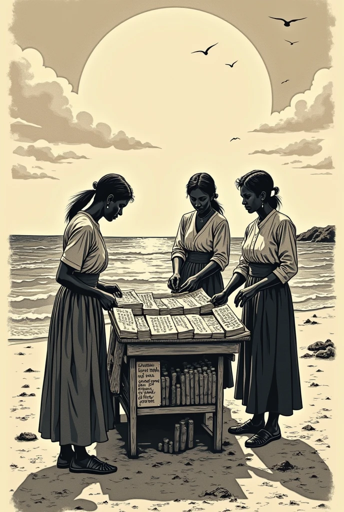 woodcut of 3 women selling poems at a beach stall