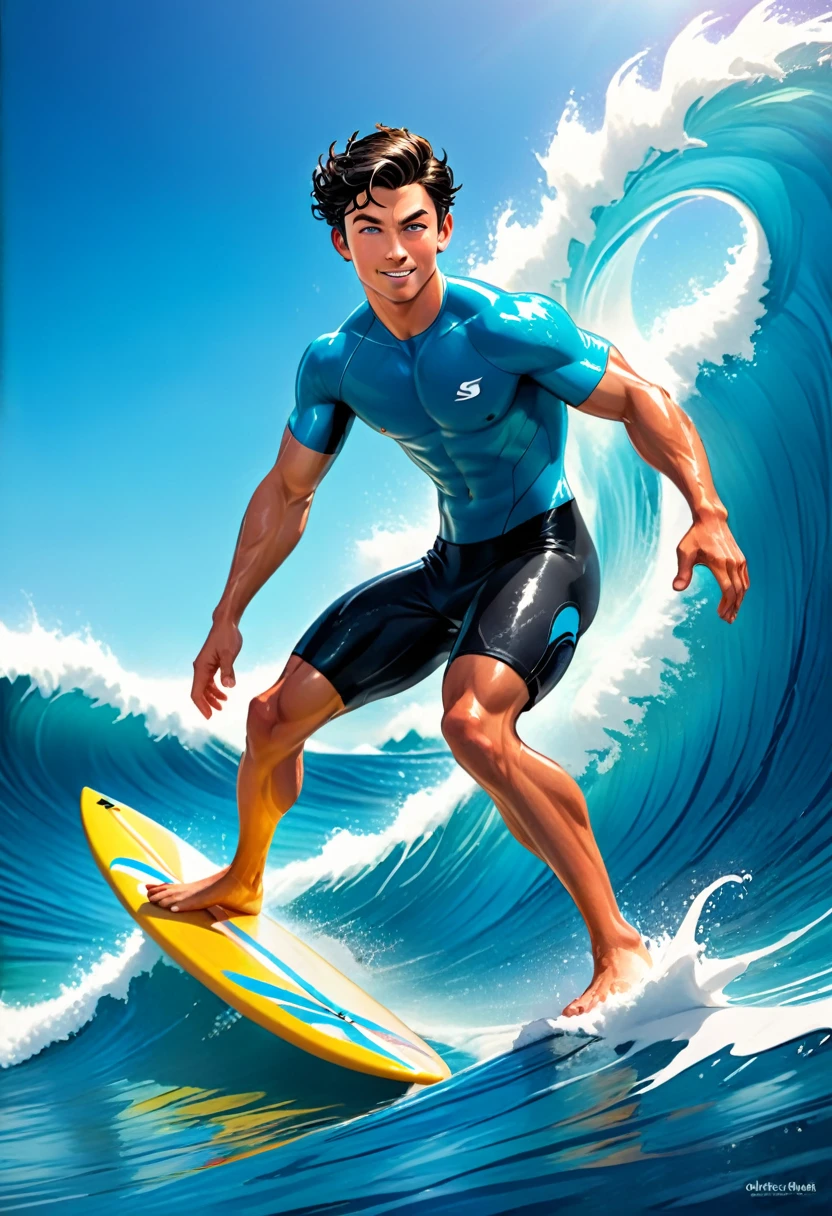 Full body action shot, young man surfing on a huge wave, dynamic pose (photorealistic: 1.3), muscular physique, young man with black hair, black short, blue eyes, light skin (wet hair: 1.1), expression safe, surfing in a tropical ocean, detailed surfboard with colorful design, water splashes, strong sunlight, (high resolution: 1.3), vibrant colors, HDR, (by Chris Burkard: 0.9), (style by Clark Little), deep blue wave, foamy white water, (sharp focus), depth of field, (diffuse lighting), backlight, golden hour, high quality and resolution image similar to Darien Chiba
