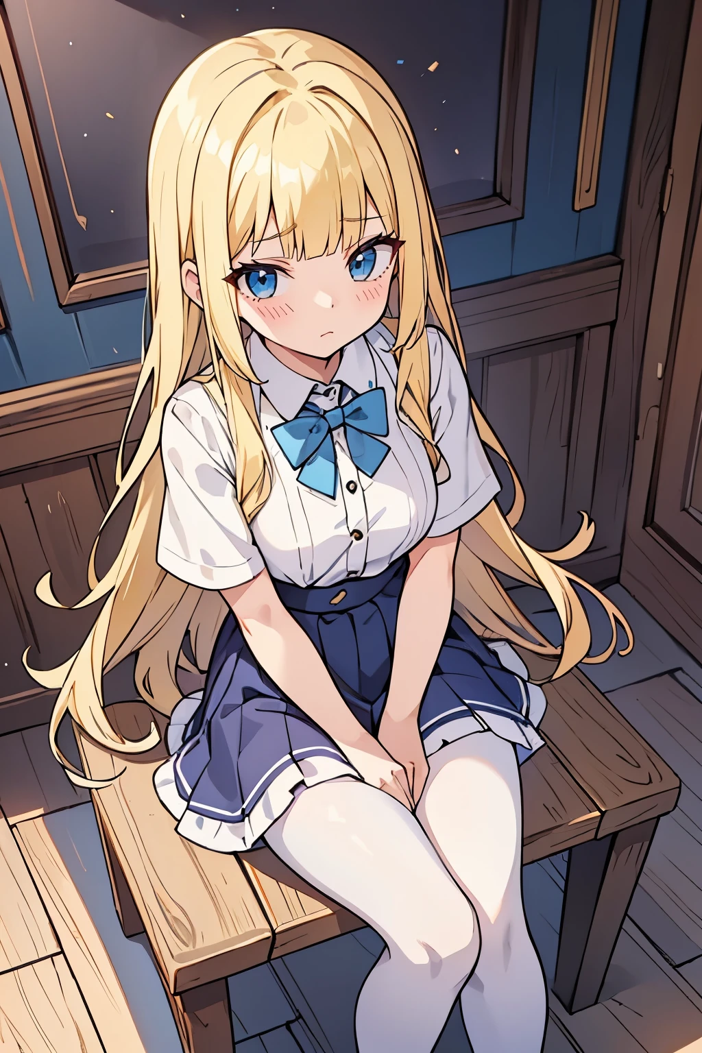 Young adult girl, best quality, 1 girl, female figure, yellow hair, blunt bangs, extra long hair, crystal blue eyes, golden blonde hair, cowboy shot, voluminous hair, wavy hair, cute girl, (medium small breasts), (young female body: 1.4) sitting crossed legs, crossed legs, embarrassed girl, looking from above, pressing legs together, humiliated expression , insecure, school unifrom, school basement, crossed arms, white pantyhose