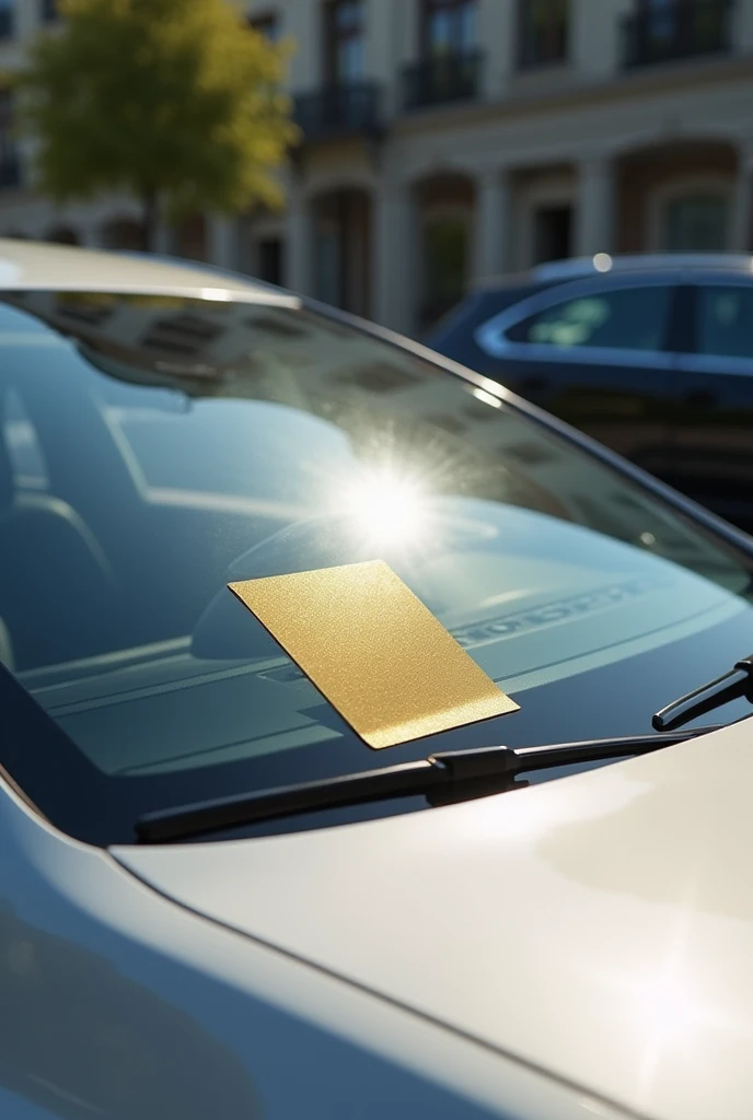 Rear windshield of a car with a gold metallic sticker attached without relief