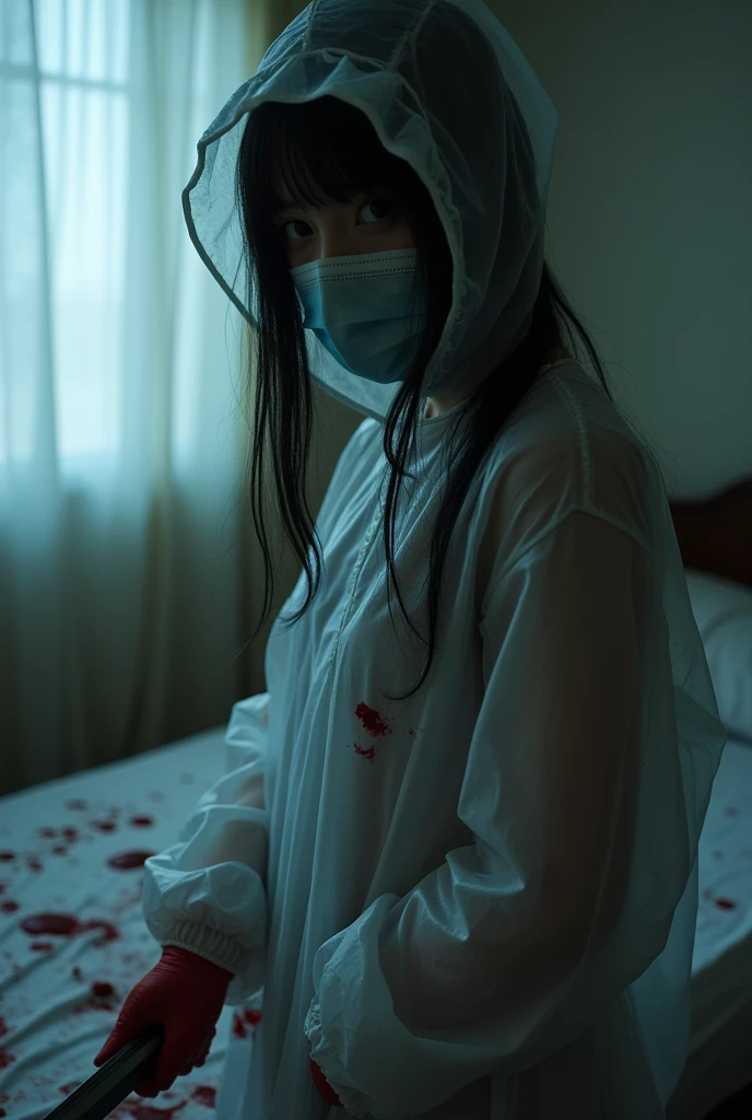 korean girl, (behind corpse, holding knife), surgical mask, gloves, room full of blood, transparent raincoat, hood up, holding knife, gloves, plump girl, behind corpse, blood splatter, bed room, looking at viewer, mass murderer, killer, long bangs, blood splatter, dark atmosphere, cinematic lighting, atmospheric realistic, light from the window, close-up,