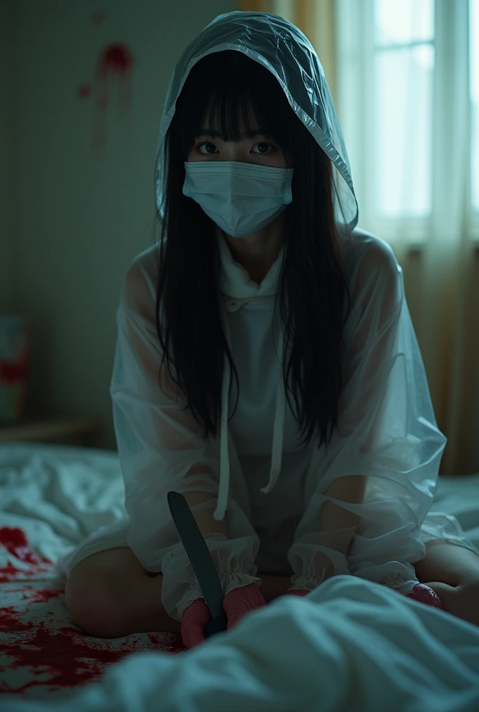 korean girl, (behind corpse, holding knife), surgical mask, gloves, room full of blood, transparent raincoat, hood up, holding knife, gloves, plump girl, behind corpse, blood splatter, bed room, looking at viewer, mass murderer, killer, long bangs, blood splatter, dark atmosphere, cinematic lighting, atmospheric realistic, light from the window, close-up,
