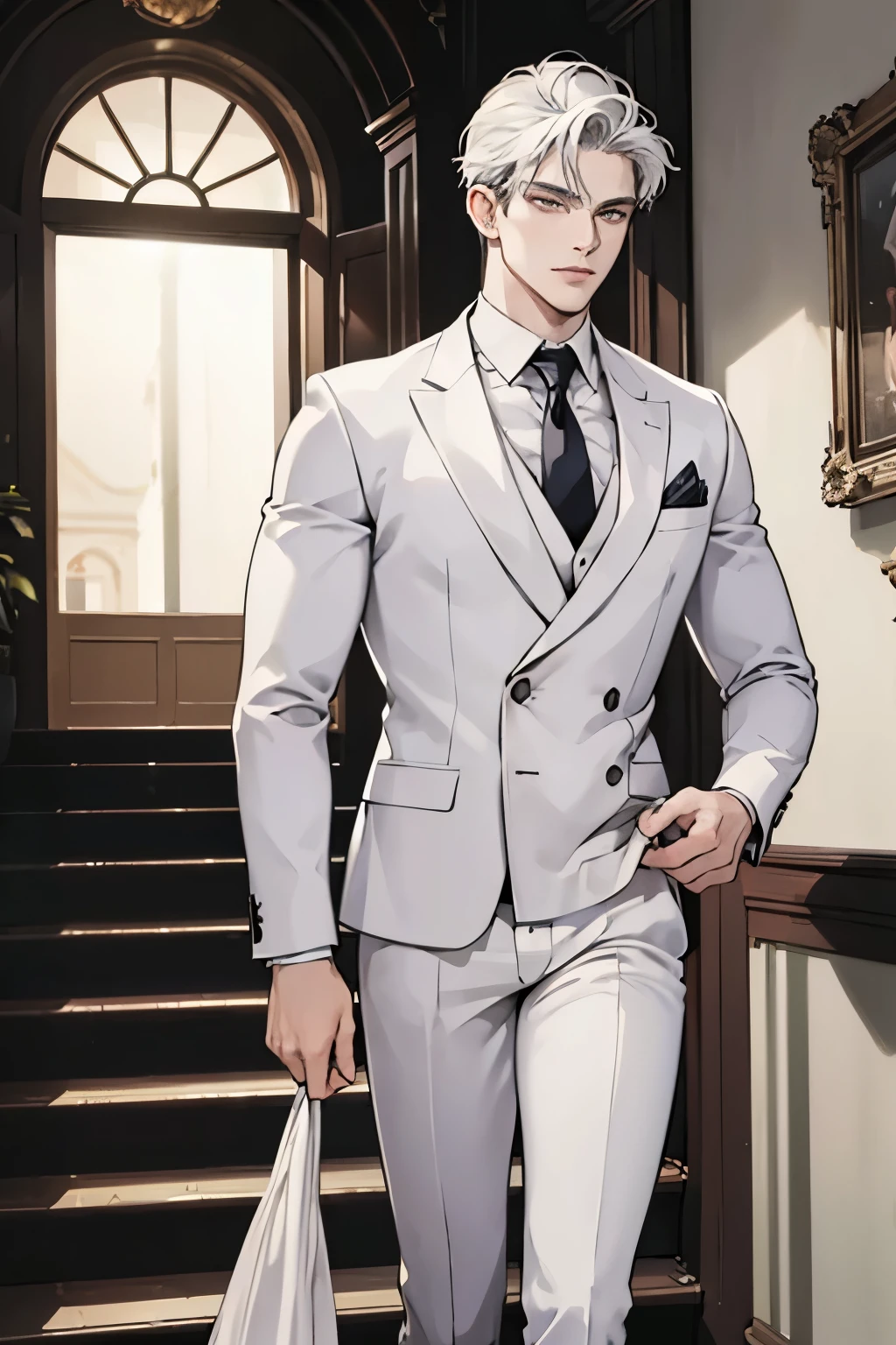 ((best quality)), ((masterpiece)), (detailed), A handsome man in a white suit,A bodyguard in dark clothes,Two people walked up the stairs of the villa to the living room,Perfect face perfect hands