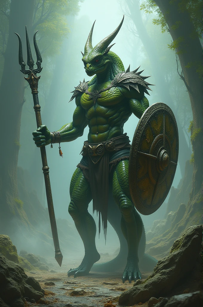 A snake man with arms, a trident and a shield