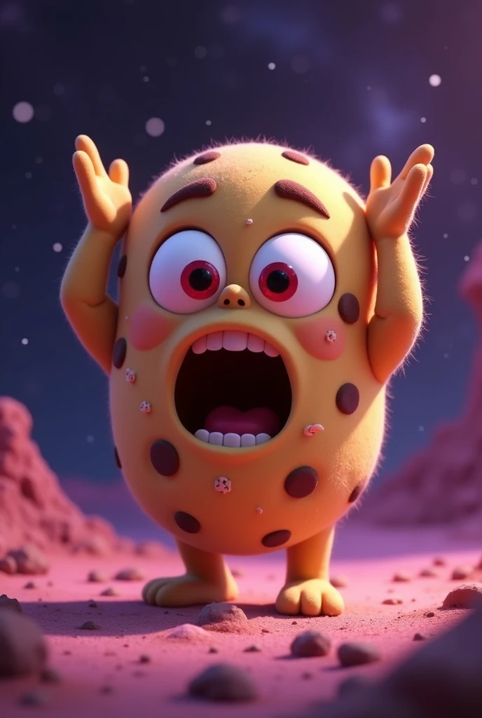 make an animated cookie that is high and has her hands on her head as if she is shocked with red eyes and relaxed and the background is like outer space with hints of purple colors