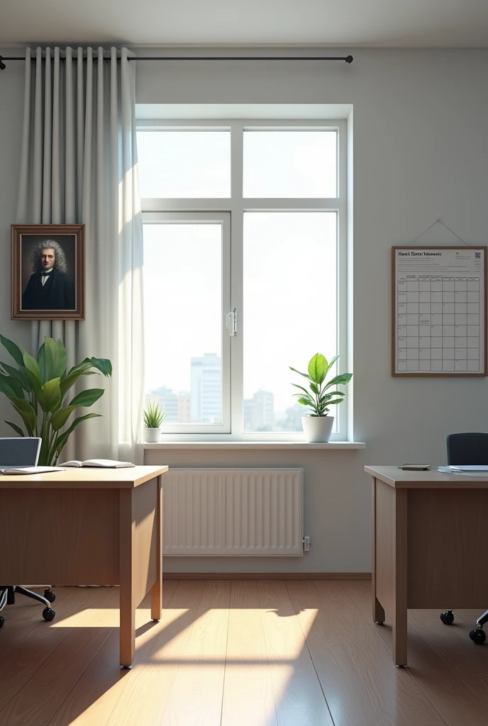 I want a wall which resemble principal office of school . The wall must contain a window with modern curtains and also the wall has a calender and photo of Newton I don't want any desk or table infornt of wall