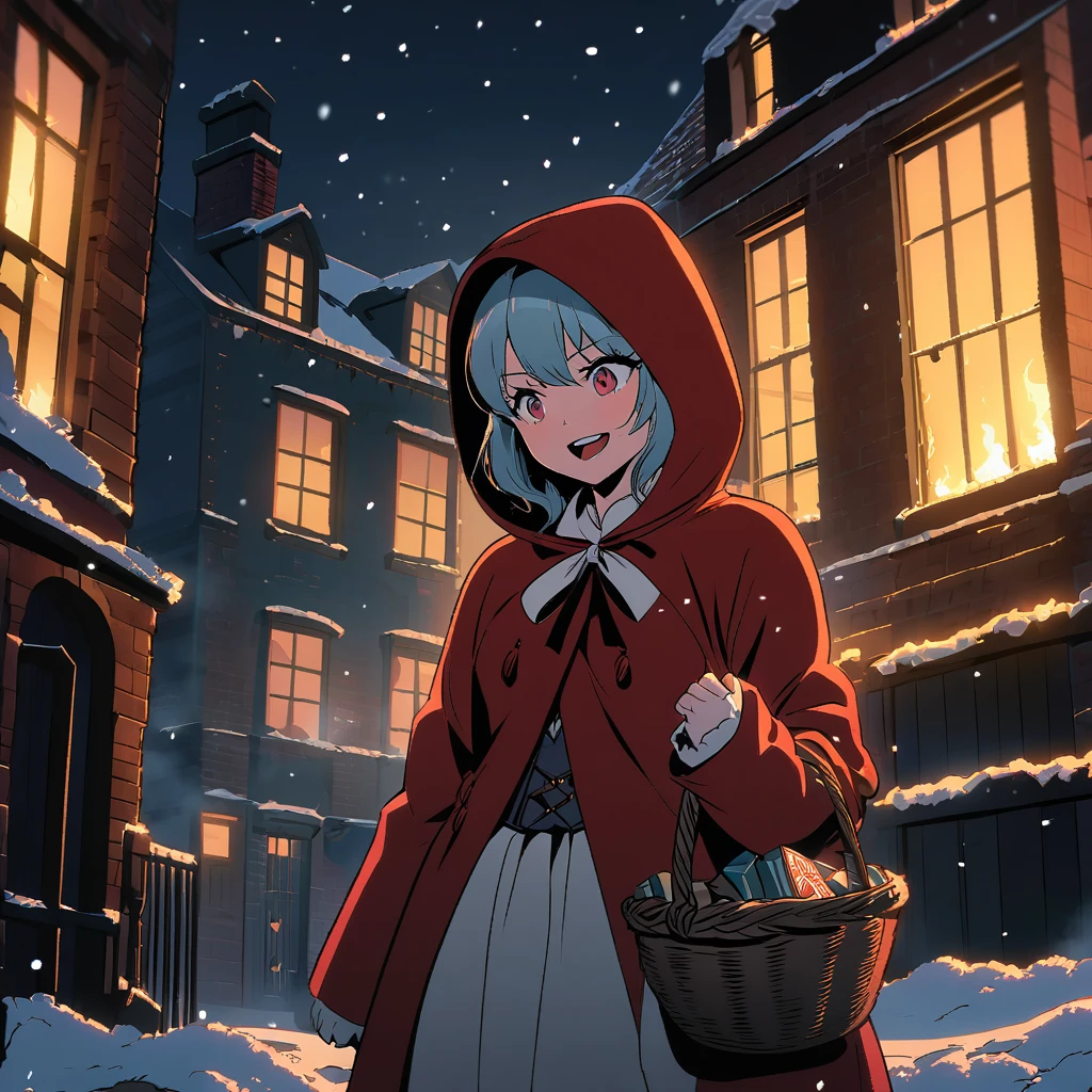 Boldly brushed anime style illustration, midwinter night, crazy fun, cinematic lighting, 19th century London, snowy night, burning house, one girl, front view, the  match girl laughing cruelly, she wears a red coat with a hood and holds a basket of matchboxes under her arm. Front view