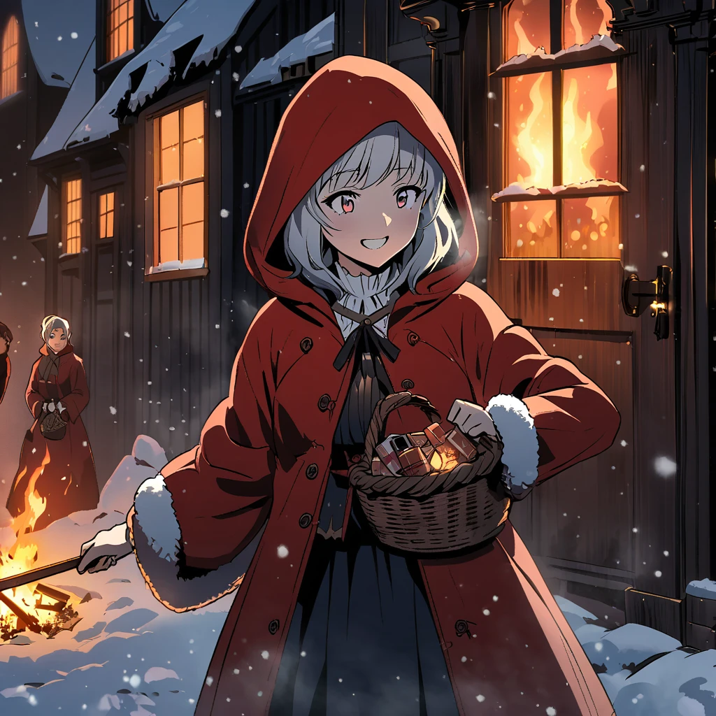 Boldly brushed anime style illustration, midwinter night, crazy fun, cinematic lighting, 19th century London, snowy night, burning house, one girl, front view, the match girl laughing cruelly, she wears a red coat with a hood and holds a basket of matchboxes under her arm. Front view