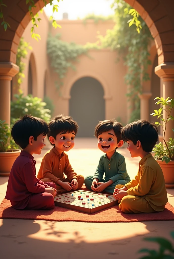 Four Afghani best friends playing old Ludo
