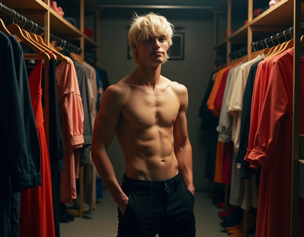 181 cm tall, 22-year-old shirtless male model, thin and lean figure:1.4, short platinum blond hair messy layered hair, side swept bangs, Germanic-Icelandic features, black pants, amused expression, standing in large chic dark walk-in closet lined with colorful dresses, pants, shoes and other accessories, photorealistic, cinematic