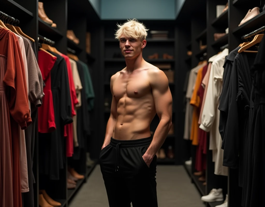 181 cm tall, 22-year-old shirtless male model, thin and lean figure:1.4, short platinum blond hair messy layered hair, side swept bangs, Germanic-Icelandic features, black pants, amused expression, standing in large chic dark walk-in closet lined with colorful dresses, pants, shoes and other accessories, photorealistic, cinematic