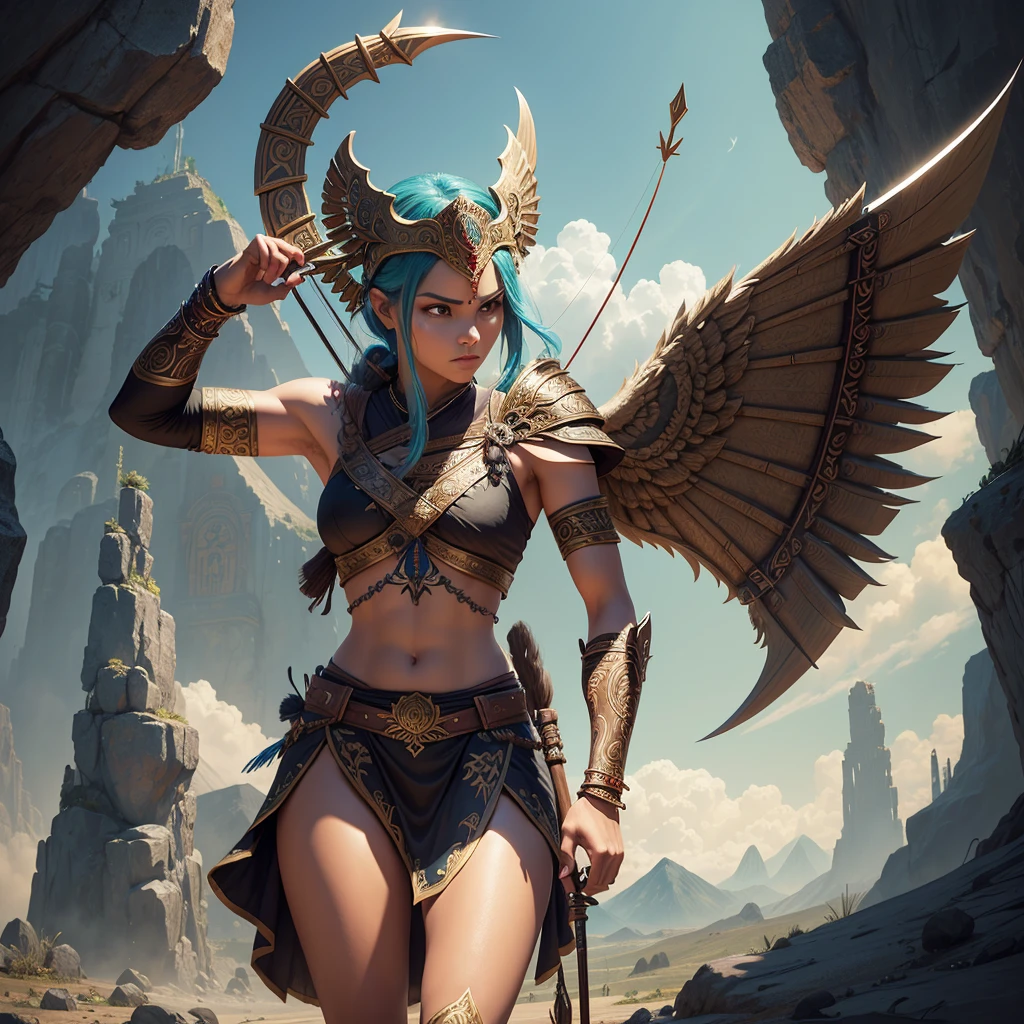 bow and arrow with a design on it, fantasy rpg weapon art, ornamental bow, digital painting of quetzalcoatl, long detailed ornate scythe, ornamental arrows, azctec warrior, bow and arrow, archer bow, hold mechanical bow and arrow, epic fantasy weapon art, aztec, shortbow, mayan style