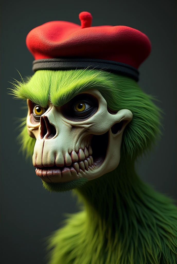 Grinch head. Half normal and half skull, looking ahead, full size head wearing a red military beret