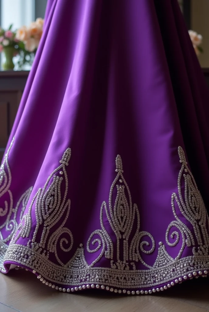 create a purple lehanga with small silver beads curving shape, at the bottom of the fabric
