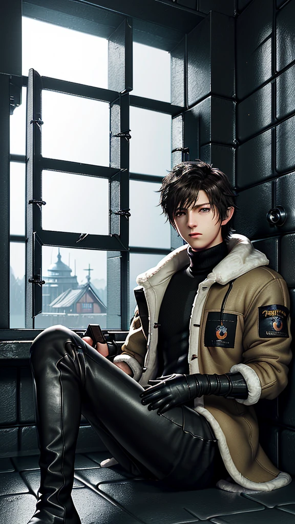 Final fantasy taste and reality graphics, Japanese young cute and cool ikemen  boy, his age is early 20s, thin eyebrows and beady eyes,  he wearing light brown color  very thick shearling jacket, jacket is no leather and waist length, fur color is white,
also wearing black very thick turtleneck lackluster shirts,  tight black leather pants, shiny black leather tight and must put on a thin leather glove both hands, black leather knee-high raceup boots,must views  head-to-toe,must views whole body, ((((describe in a distant manner)))),((((boy in the prison room without windows)))),(((boy sitting on the floor, curl up and holding your knees)))