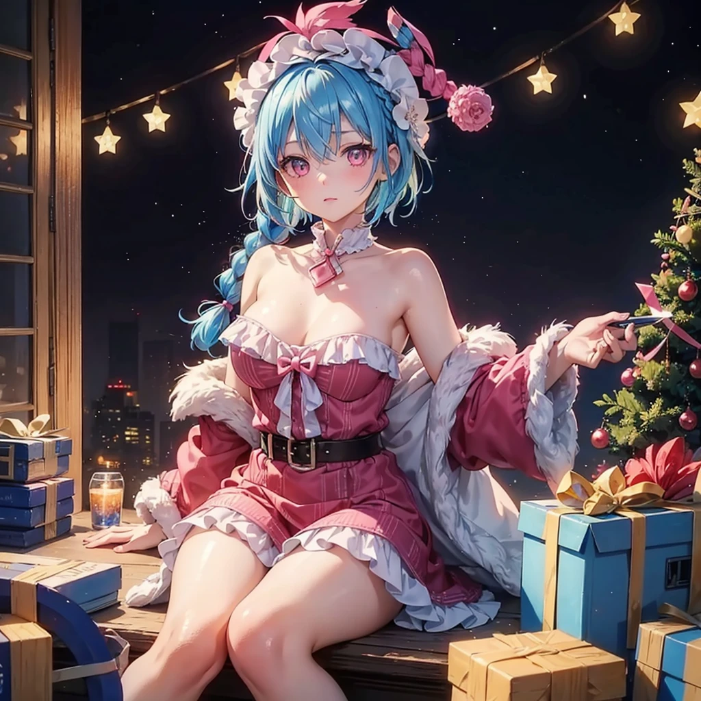 (Sky blue hair),(Braided short hair), (Pink Eyes),Fair skin) ,(whole body),(one person's),(Gift boxes filling the background),(Santa Claus clothes),(Cute smile),Santa Claus hat,(Christmas Party),(masterpiece, Highest quality, Very detailed, Best Shadow), (Detailed Background), (Beautifully detailed face), High Contrast, (Best lighting, Very delicate and beautiful), ((Cinematic Light)), Hyper Detail,8k, Dramatic Light, Intricate details,(Christmas tree)
