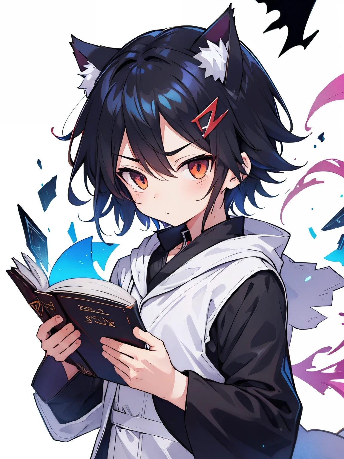 Anime figure of a boy with cat ears, demon slayer rui fanart, chibi!!! Kitten, Anime Boy, black-haired wizard with white streaks and black open magic book with decorations in one hand, Anime-Chibi, anime Kitten, Mihoyo art style, black and white clothes, Several magical circles in different colors fly around the boy, background destroyed city!!!!!, white jacket with black stripes