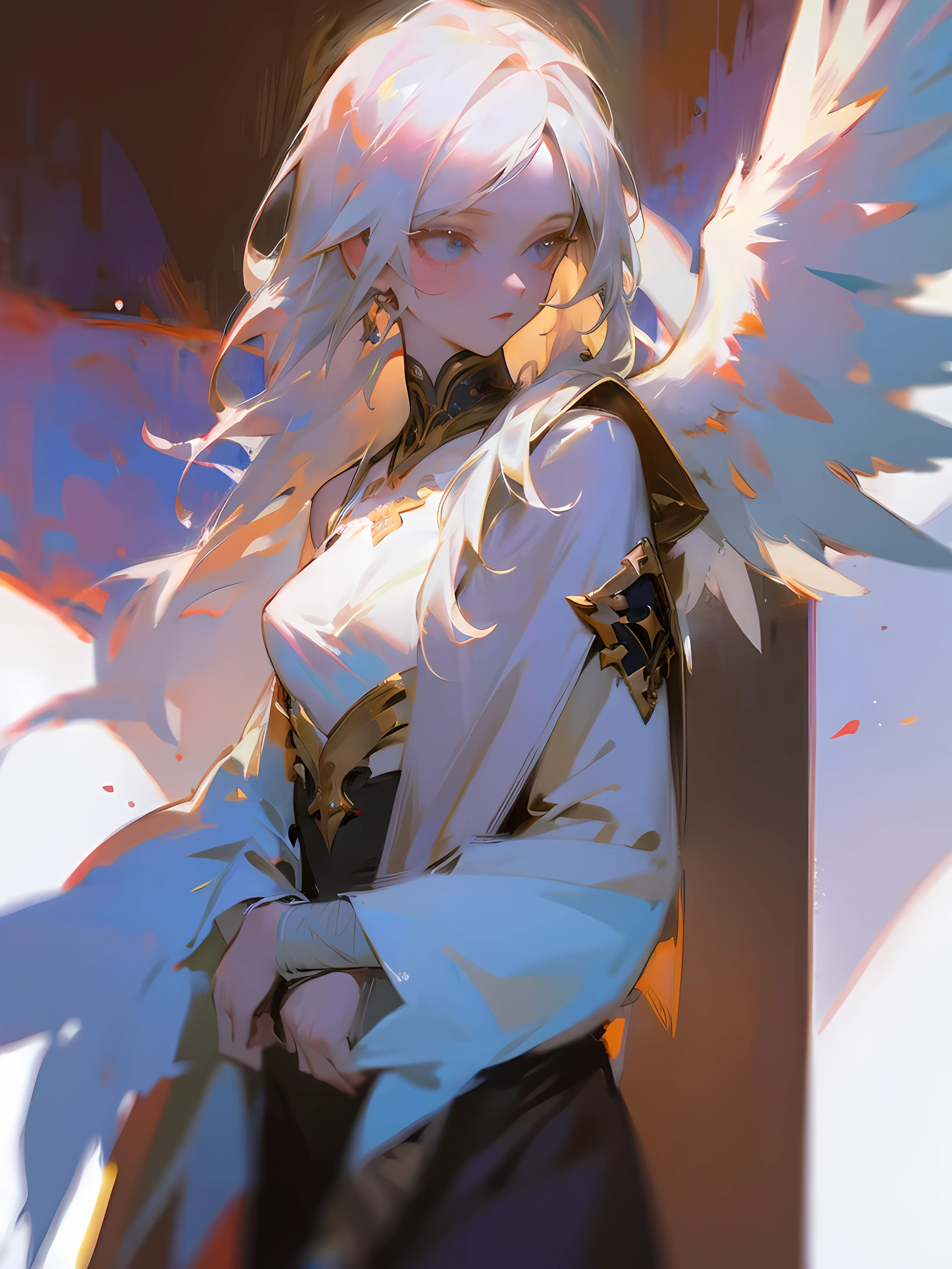 Masterpiece, Best Quality, 8K, Octane Rendering, Heaven, 1woman, angel, (solo), (white hair) (bandage on eyes) (angel clothes) (4 wings) (seraphim wings)