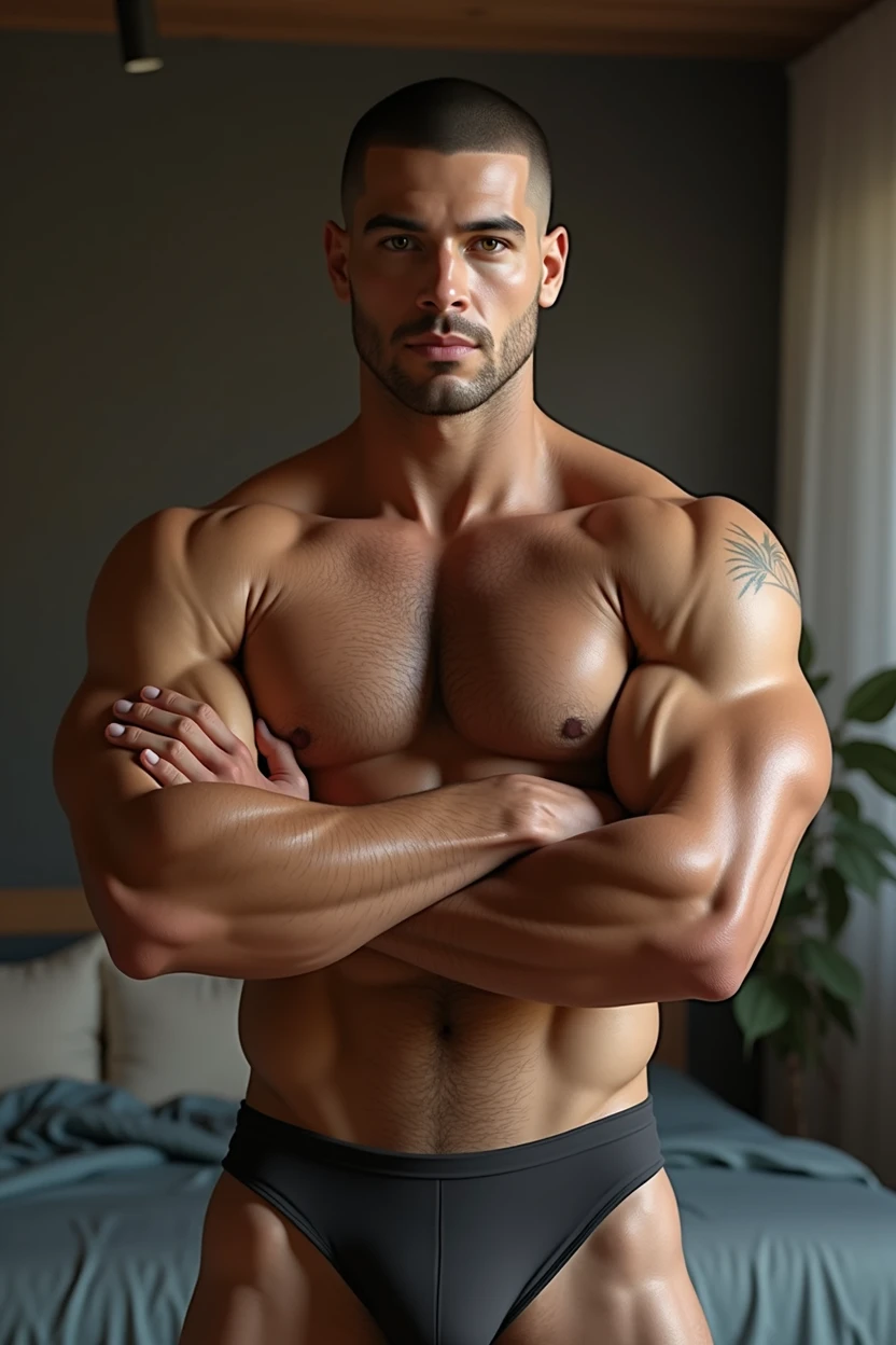 ((black man))), muscle, Latino 30yo man, medium pectorals, medium biceps, sexy shaved chest hair, Whole body, buzz cut, bedroom, Crossed arms, shirtless, big lump, swimsuit, Very wide shoulders