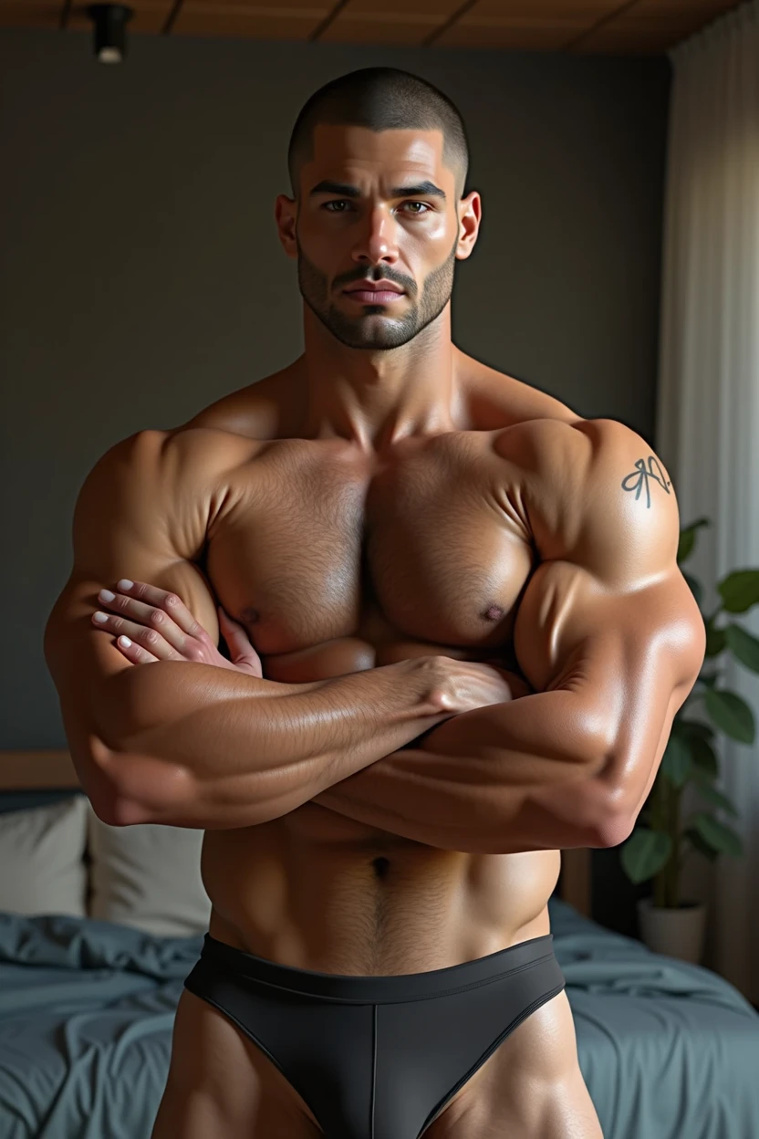 ((black man))), muscle, Latino 30yo man, medium pectorals, medium biceps, sexy shaved chest hair, Whole body, buzz cut, bedroom, Crossed arms, shirtless, big lump, swimsuit, Very wide shoulders