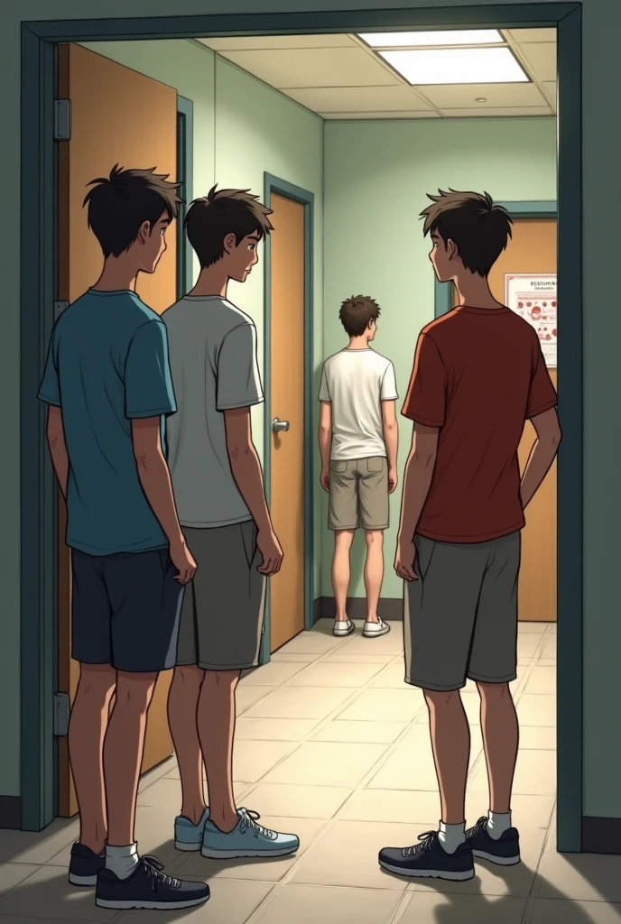 Three guys (male) who just waiting infront of the bathroom door in dormitory. And theres one person (male) just get out from the bathroom, all the person inside this images using short pants and t-shirt