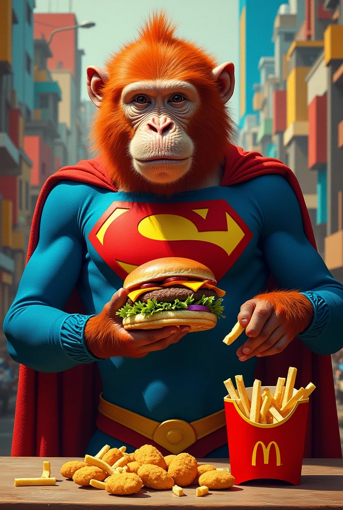 Red howler monkey dressed as superman eating mcdonald's picasso style hamburger and fries