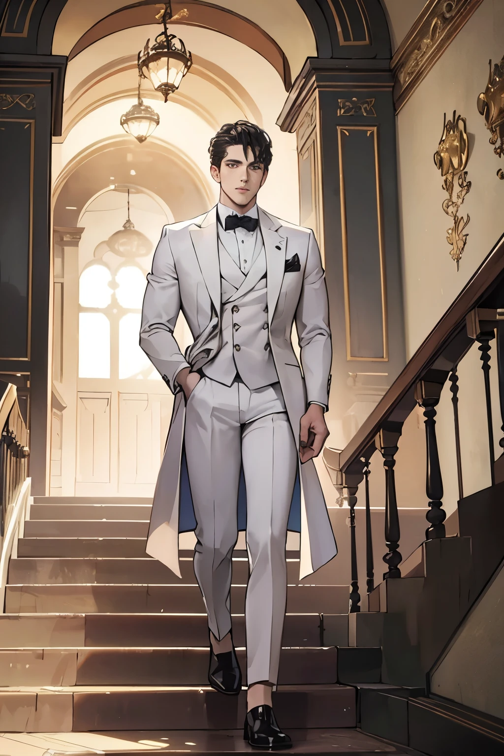 ((best quality)), ((masterpiece)), (detailed), A handsome man in a white suit，A bodyguard in dark clothes，Two people walked up the stairs of the villa to the living room，Perfect face perfect hands