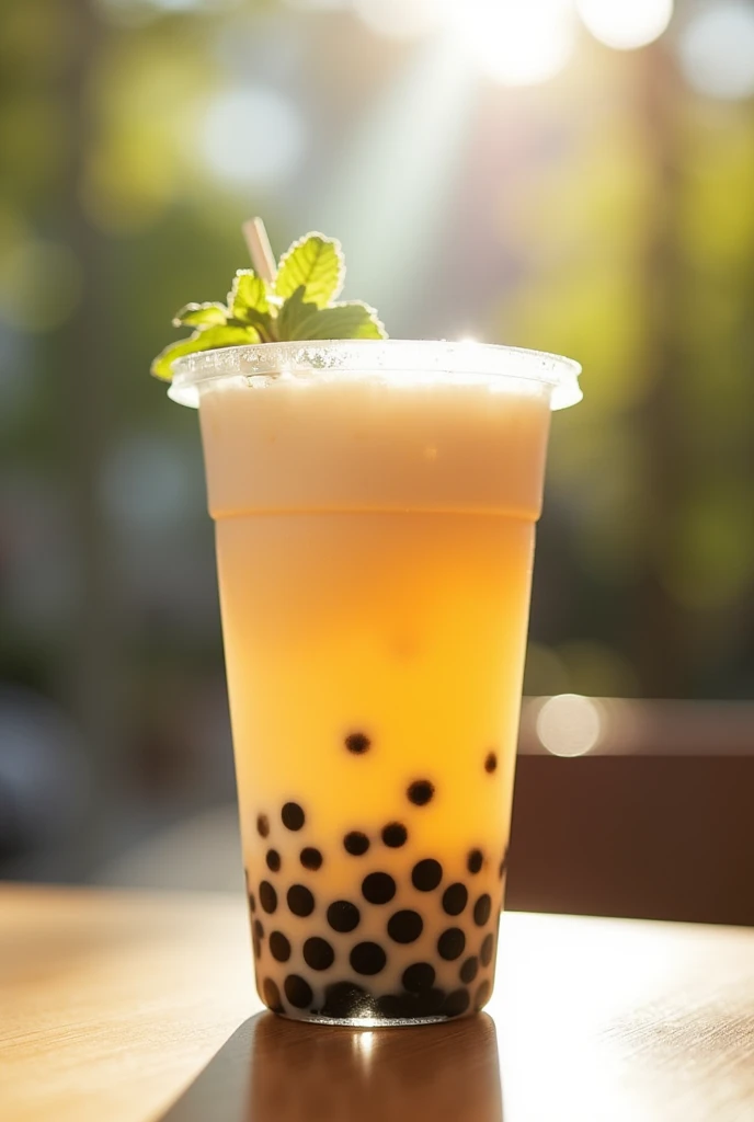 A vanilla and black tapioca flavored bubble tea drink on a sunny day.