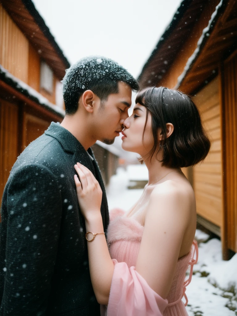 A Couple, (dramatic shot:1.3), (best quality photo:1.5), 1girl and 1man, japanese, I am 35y (a man in winter suit:1.3) with short black hair, I meet my sweet and chubby girlfriend in kyoto traditional village, (having sex posing:1.3), giving a hug, (real kissing:1.3), she has messy mid long bang hair, (a girl in pink slip dress:1.4), (snowing:1.2), (dramatic moment:1.3), real object, 120 film looks, natural light, real skin, detailed face and eyes, very highly detailed, surreal view, (sharp focus:1.3), shot by mamiya with wide lens, (dynamic wide angle:1.2), perfect composition, centered.