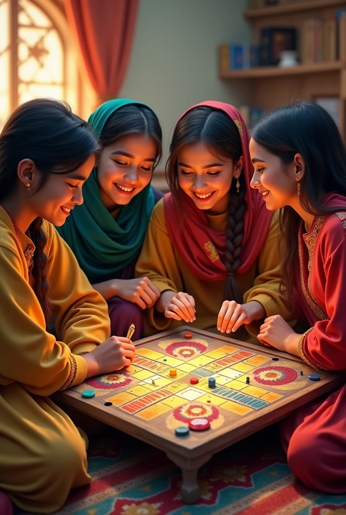 Four young Afghani best friends playing old Ludo