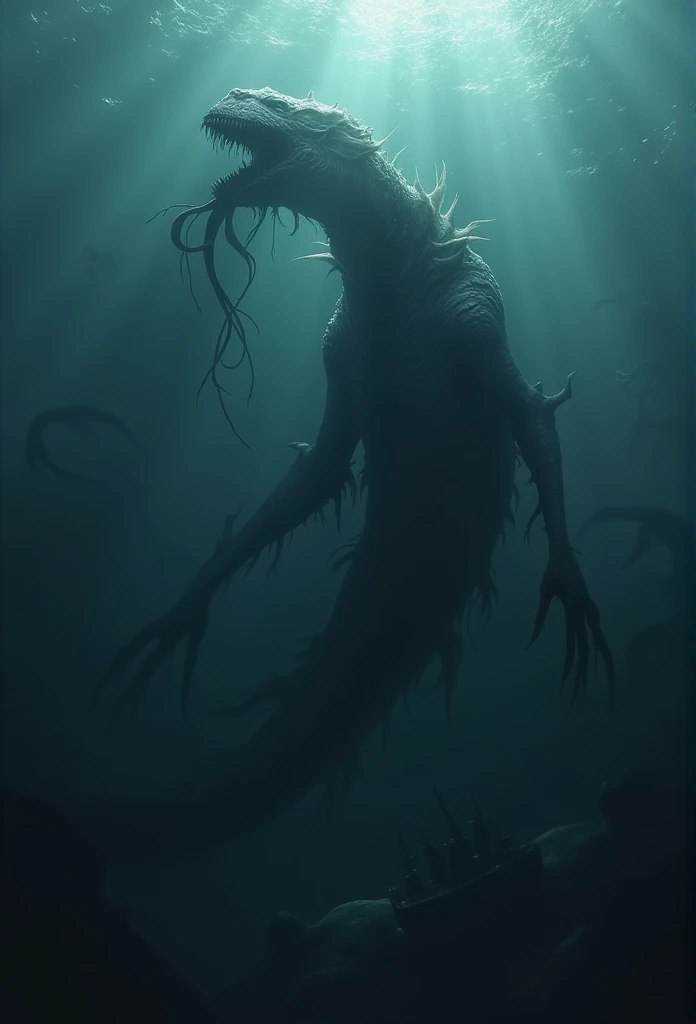 Depict a massive, mysterious sea creature known as the 'Eclipse Leviathan.' The creature is over 100 meters long, and its body is composed of a dark, shadowy substance that seems to absorb light, making it nearly invisible in direct sunlight. Show the Leviathan emerging from the deep ocean, surrounded by darkness even during the day, with only faint glimmers of light reflecting off its nearly invisible form. The creature should have an eerie, undefined shape, resembling a mix between a giant serpent and a whale, with tendrils of shadow trailing from its body. The ocean around it should appear ominous and foreboding, with hints of lost ships and deep-sea creatures visible in the background, adding to the sense of dread"