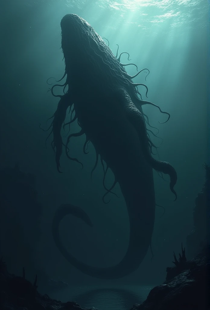 Depict a massive, mysterious sea creature known as the 'Eclipse Leviathan.' The creature is over 100 meters long, and its body is composed of a dark, shadowy substance that seems to absorb light, making it nearly invisible in direct sunlight. Show the Leviathan emerging from the deep ocean, surrounded by darkness even during the day, with only faint glimmers of light reflecting off its nearly invisible form. The creature should have an eerie, undefined shape, resembling a mix between a giant serpent and a whale, with tendrils of shadow trailing from its body. The ocean around it should appear ominous and foreboding, with hints of lost ships and deep-sea creatures visible in the background, adding to the sense of dread"