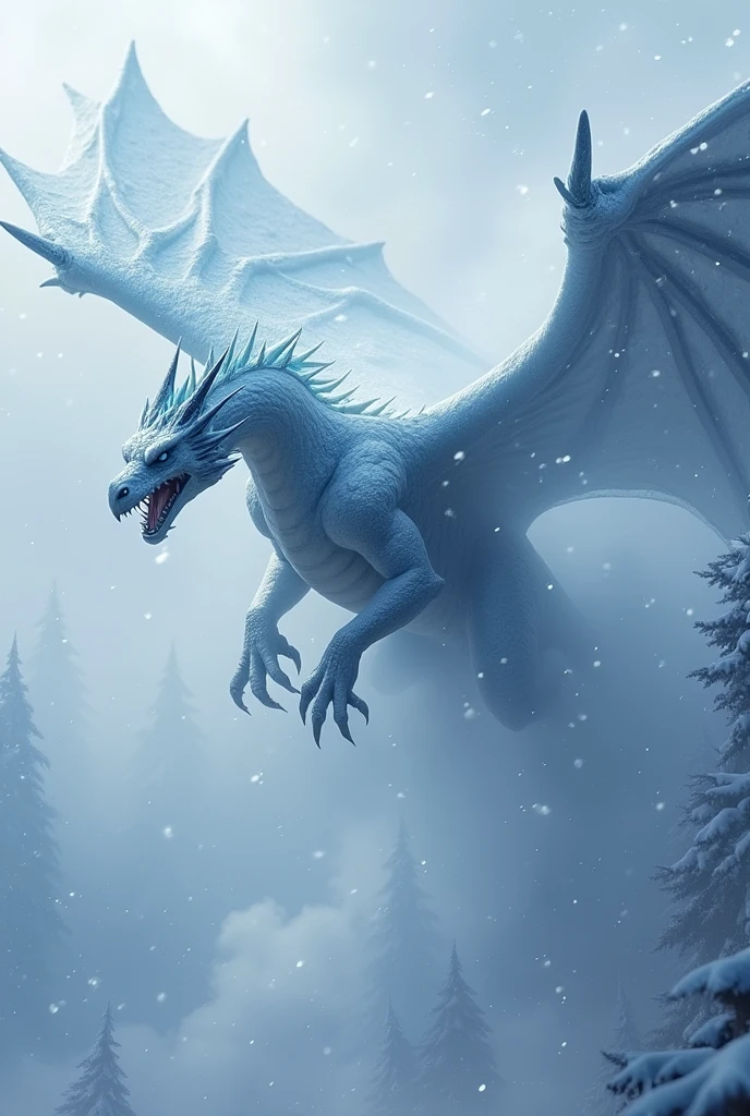 A (frost dragon, 2 wings, 4 legs, dynamic pose) , flys through a fierce blizzard with heavy snow blowing in the wind. ((((falling snow, flying, high in the sky ))))