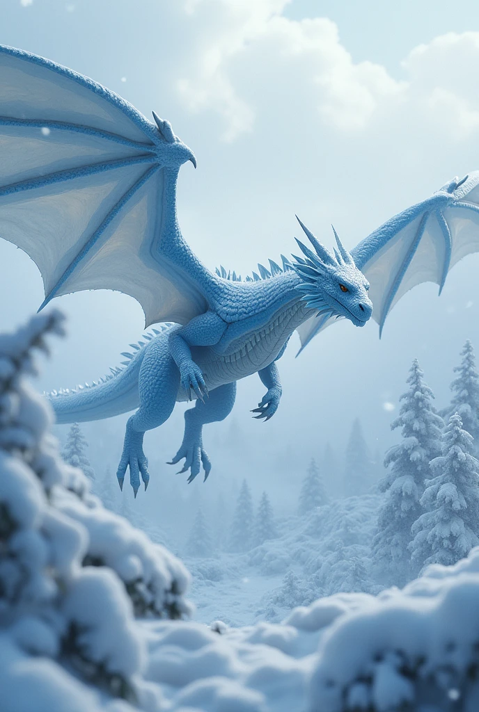 A (frost dragon, 2 wings, 4 legs, dynamic pose) , flys through a fierce blizzard with heavy snow blowing in the wind. ((((falling snow, flying, high in the sky )))) 