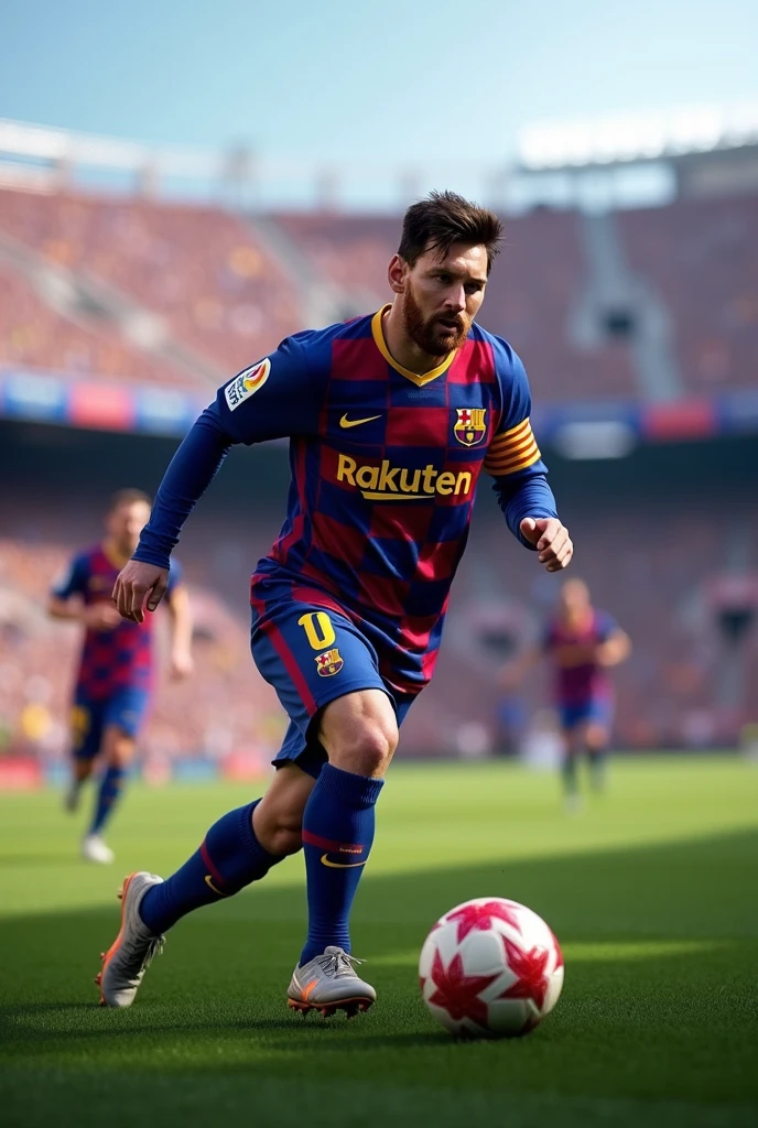 messi dribbling football in camp nou