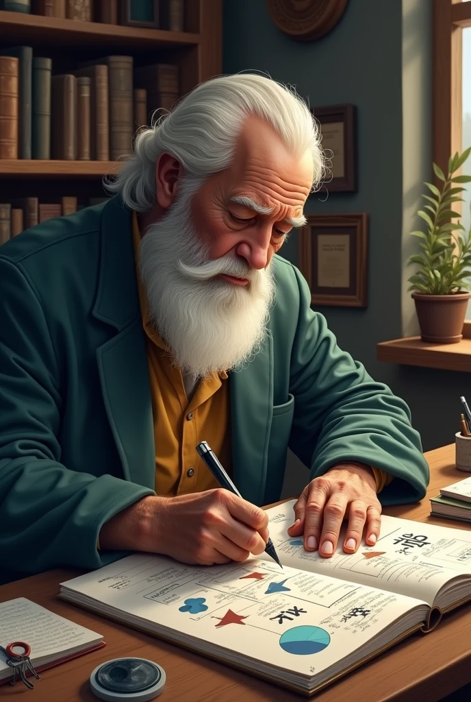 A male teacher with a white beard creating a visual identity on a notebook