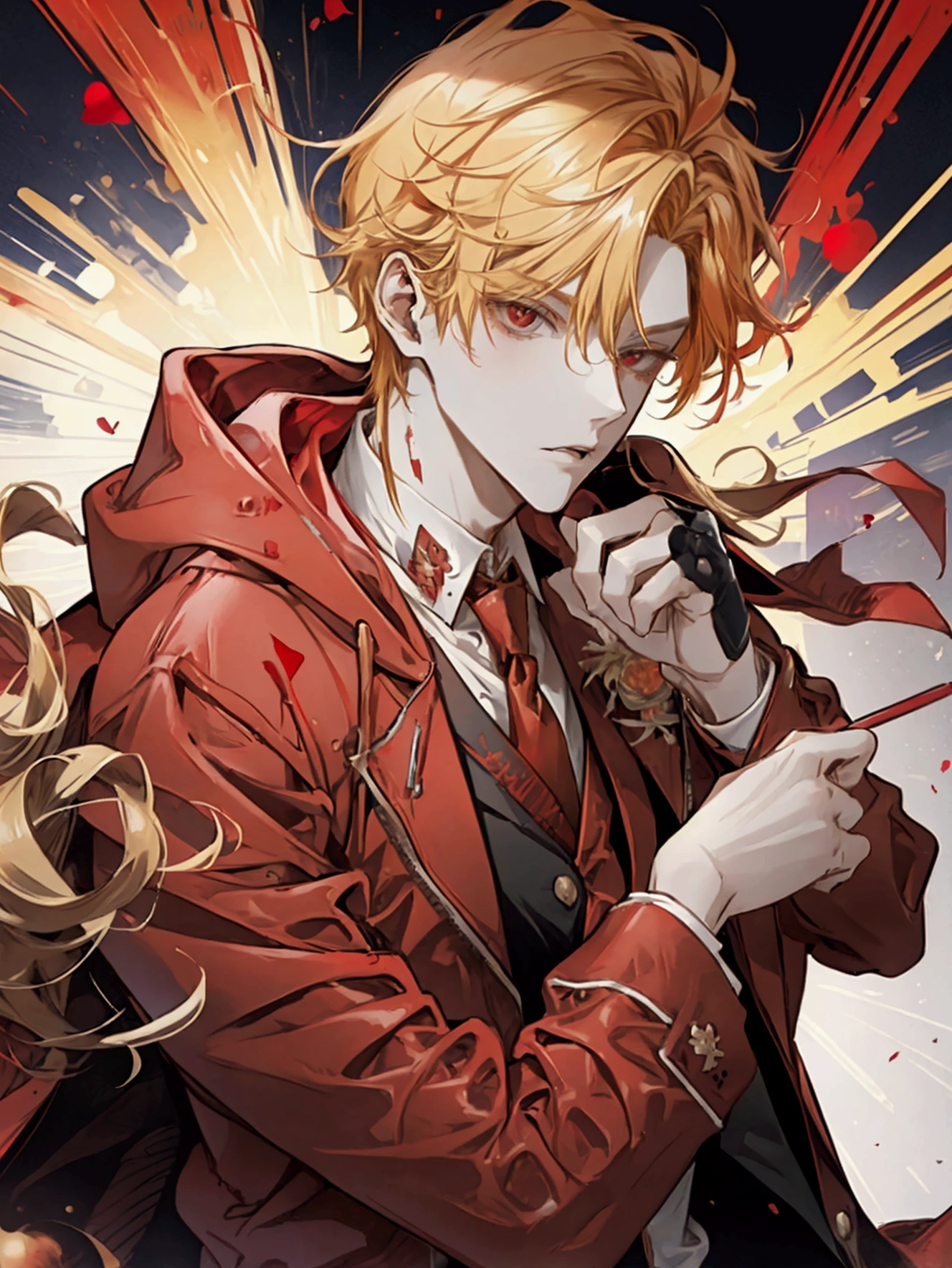 masterpiece, 1boy, blonde Hair, short hair, purple eyes, eyes, white shirt, blood, blood on face, Upper body, portrait, Gloomy Castle