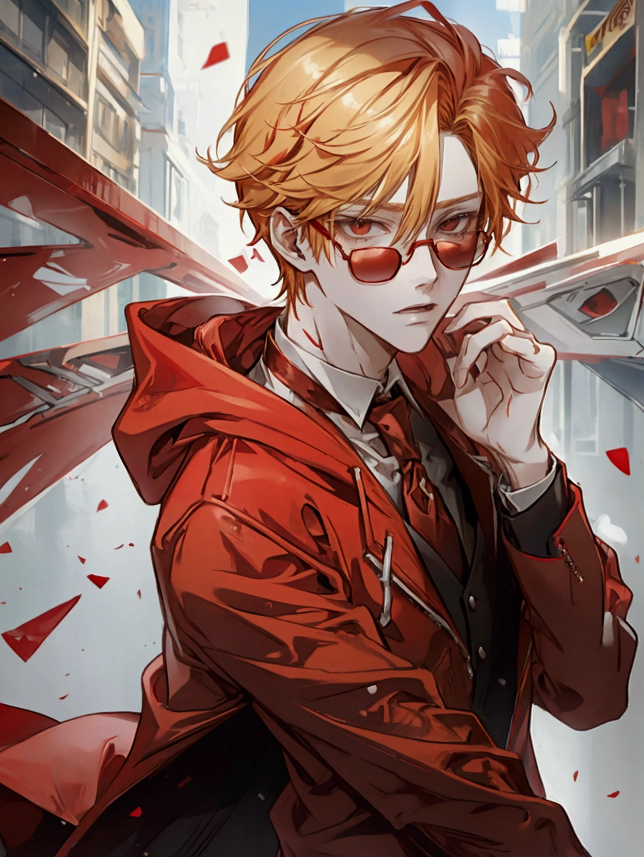 Red sunglasses, red hoodie, tuxedo under hoodie, tie, blonde, good-looking, refreshing, upturned corners of the mouth