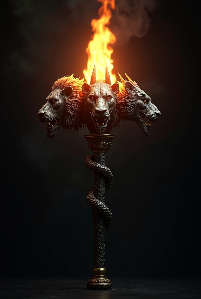 (photorealism:1.2), a torch, where instead of the flame there are 3 animal heads (leon, Dragon and snake), that does not have fire, The 3 heads should be similar in size and at the same height.
