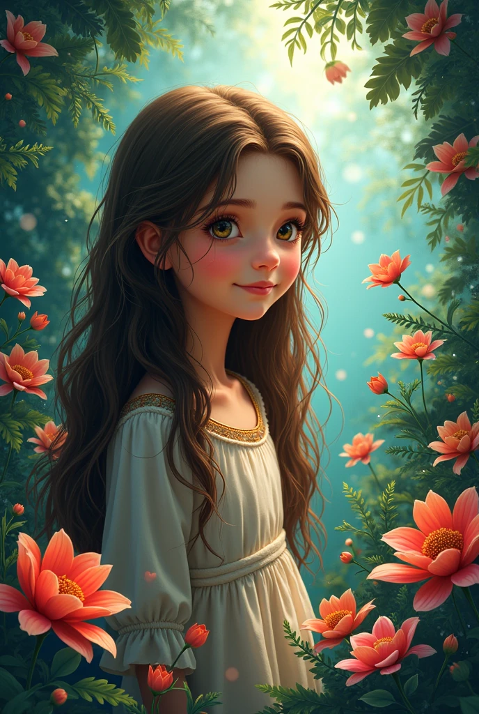 (masterpiece),(best quality), illustration, (fantasy:1.4),a young girl, brown long hair, long eye lashes, solid circle eyes, light smile, Surrealism, drop shadow, anaglyph, stereogram, atmospheric perspective, 8k, super detail, accurate, best quality, UHD, textured skin, long dress, jungle, flowers , paper_cut